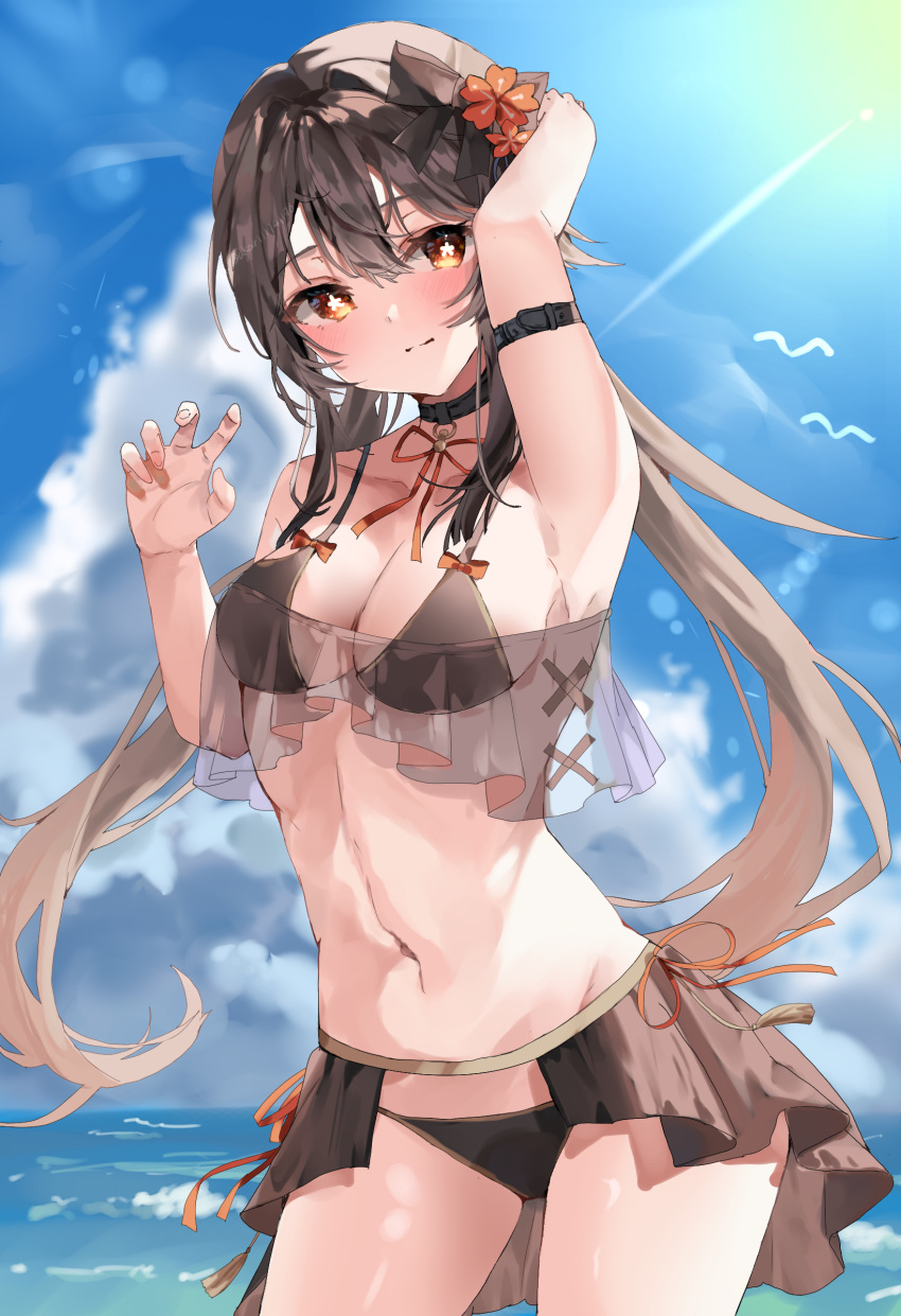 1girl arm_strap arm_up armpits bangs bikini black_bikini black_collar blush breasts brown_eyes brown_hair cleavage closed_mouth collar collarbone cowboy_shot day floating_hair flower flower-shaped_pupils genshin_impact groin hair_between_eyes hair_flower hair_ornament highres hu_tao_(genshin_impact) lei_(knfz7274) long_hair looking_at_viewer low_twintails medium_breasts navel neck_ribbon ocean outdoors red_flower red_ribbon ribbon sideboob solo standing summer sunlight swimsuit symbol-shaped_pupils twintails very_long_hair