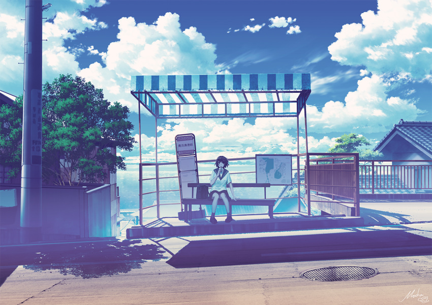 1girl arm_support bench black_hair black_sailor_collar black_skirt blue_sky bus_stop cloud commentary_request cup day fence holding holding_cup horizon house manhole_cover map mocha_(cotton) ocean original outdoors railing road rooftop sailor_collar scenery school_uniform serafuku sitting skirt sky solo summer tree utility_pole