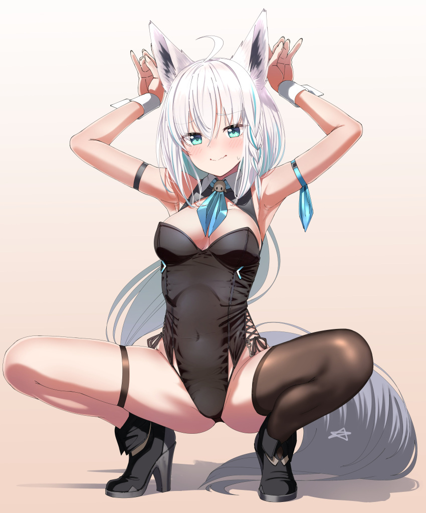 1girl absurdres ahoge animal_ears aqua_eyes aqua_hair arm_strap armpits arms_up bare_arms black_footwear black_leotard black_thighhighs blue_neckerchief blush boots braid breasts brown_background bunny_pose cleavage_cutout closed_mouth clothing_cutout covered_navel cross-laced_clothes fox_ears fox_girl full_body gradient gradient_background grey_tail hands_up high_heel_boots high_heels highleg highleg_leotard highres hololive leotard long_hair looking_at_viewer medium_breasts multicolored_hair murakami_ryouga neckerchief pentagram playboy_bunny shadow shirakami_fubuki short_hair single_braid single_thighhigh smile solo squatting streaked_hair sweatdrop thigh_strap thighhighs virtual_youtuber wavy_mouth white_hair wrist_cuffs