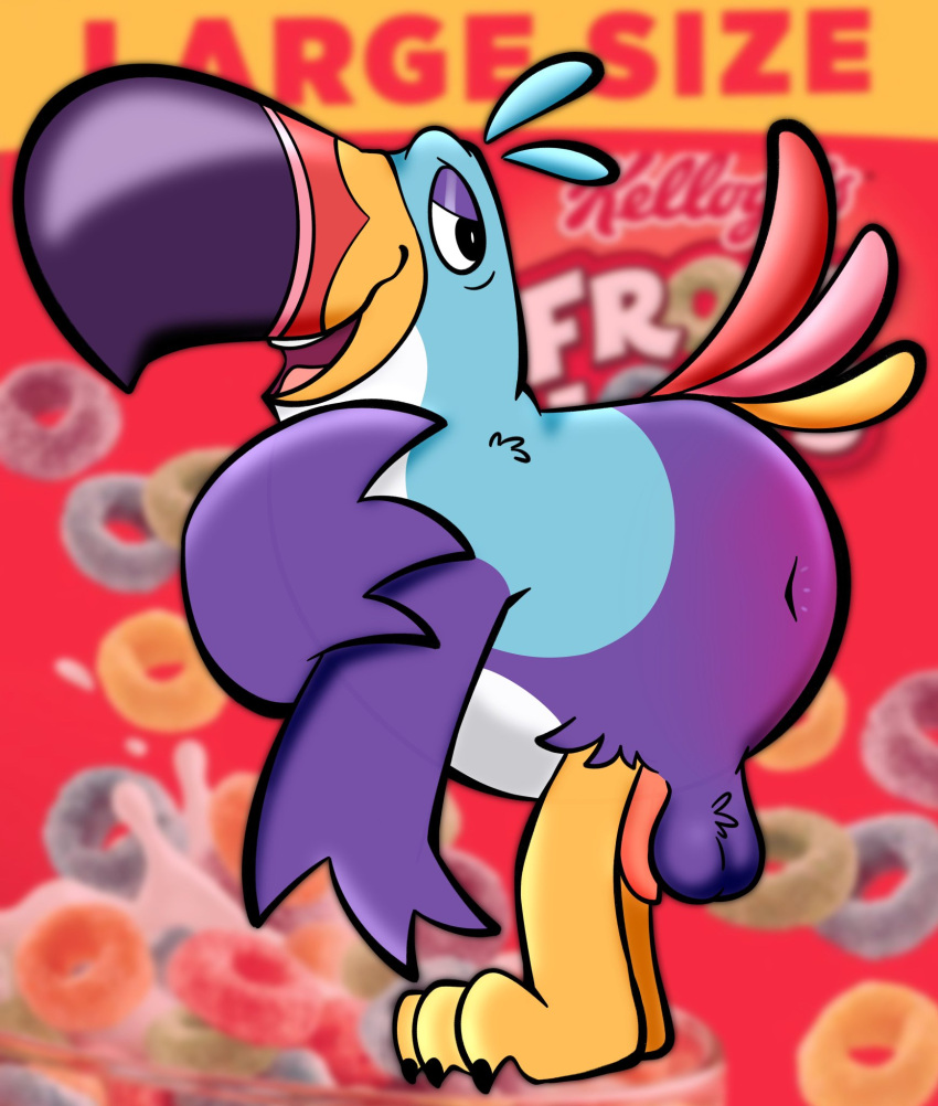 anthro anus avian balls beak bent_over bird blurred_background english_text feathers froot_loops genitals guide_lines hi_res kellogg's looking_away male mascot narrowed_eyes open_mouth penis salamikii solo tail_feathers teeth text toucan toucan_sam