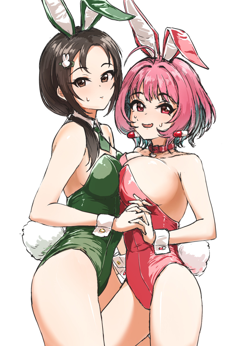 2girls absurdres ahoge animal_ears blush breast_press breasts brown_eyes brown_hair bunny_hair_ornament character_request collar detached_collar earrings green_leotard green_necktie hair_ornament hand_on_another's_hip highres holding_hands idolmaster idolmaster_cinderella_girls jewelry large_breasts leotard locket looking_at_viewer medium_breasts medium_hair multiple_girls necktie nervous pendant pill_earrings pink_hair playboy_bunny rabbit_ears rabbit_tail red_collar red_leotard short_hair side_ponytail sideboob sweatdrop symmetrical_docking tail thighs ushimochi wrist_cuffs yumemi_riamu