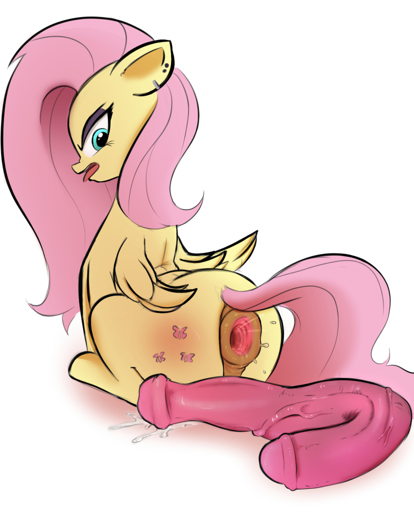 2022 absurd_res anus big_anus butt cutie_mark digital_media_(artwork) dildo ear_piercing elewdfurs equid equine feathered_wings feathers female feral fluttershy_(mlp) friendship_is_magic hair half-closed_eyes hasbro hi_res long_hair looking_back mammal my_little_pony narrowed_eyes pegasus penetration piercing pink_hair pink_tail puffy_anus sex_toy simple_background solo tail_aside teeth tongue tongue_out white_background wings yellow_body yellow_feathers