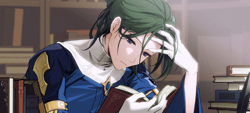 1boy bangs blue_hair blue_shirt book closed_mouth fire_emblem fire_emblem:_three_houses gloves green_hair hand_up holding holding_book indoors linhardt_von_hevring long_hair long_sleeves male_focus reading shirt solo sophie_(693432) upper_body white_gloves wide_sleeves