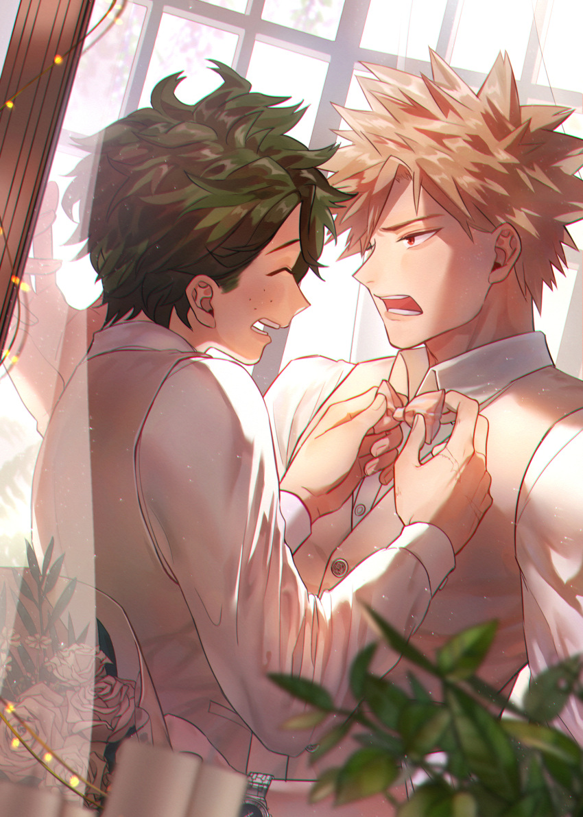 2boys absurdres adjusting_bow bakugou_katsuki blonde_hair boku_no_hero_academia bouquet bow bowtie closed_eyes collared_shirt commentary day flower formal freckles green_hair hand_up highres indoors long_sleeves looking_at_another male_focus midoriya_izuku multiple_boys namarigenshi open_mouth pink_bow pink_bowtie red_eyes rose scar scar_on_hand shirt short_hair spiked_hair standing suit traditional_bowtie vest watch white_shirt white_suit window yaoi