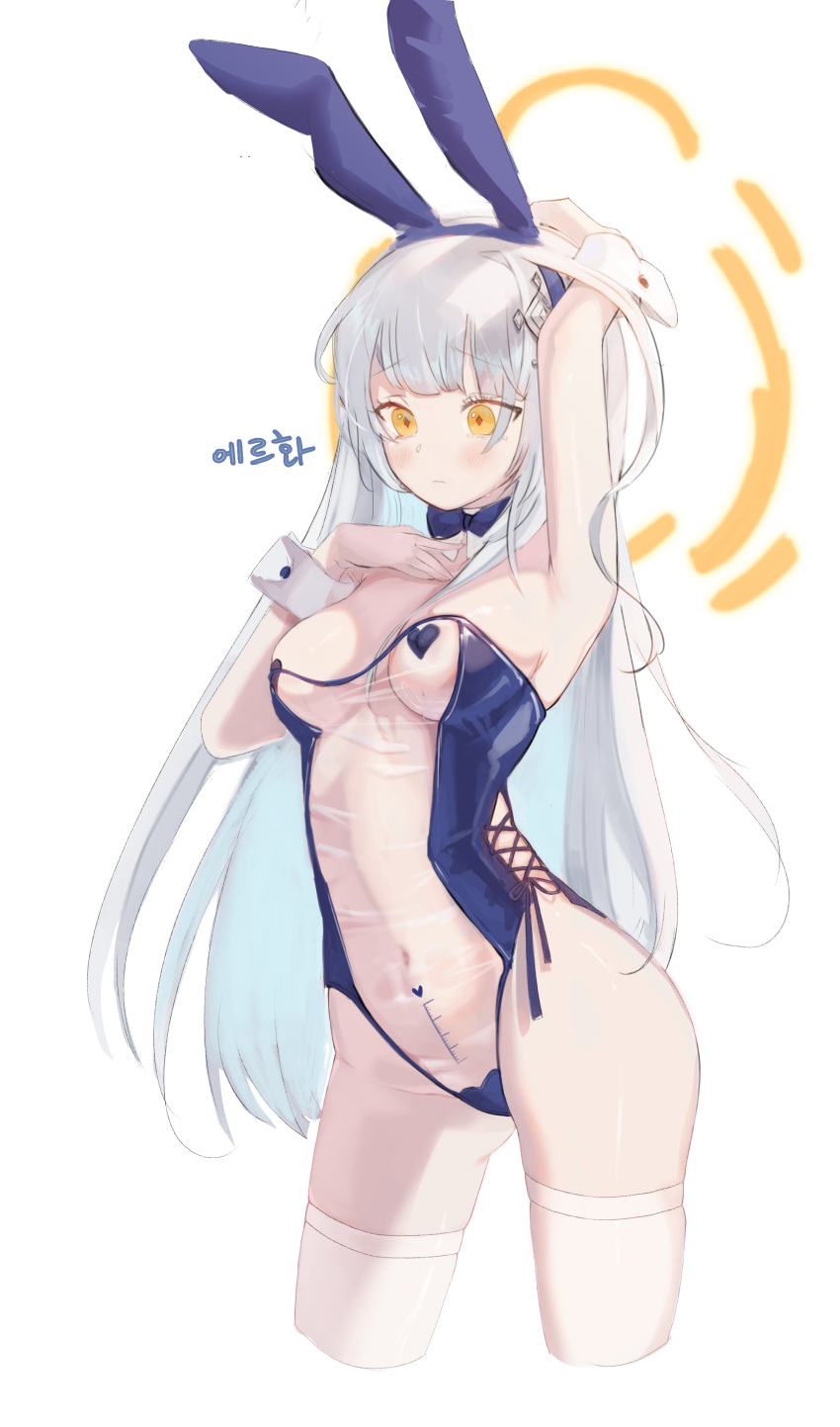 1girl absurdres animal_ears armpits artist_request bare_arms blue_hairband blush breasts casual_one-piece_swimsuit cleavage cropped_legs embarrassed fake_animal_ears hair_ornament hairband highres long_hair medium_breasts navel one-piece_swimsuit rabbit_ears see-through solo strapless strapless_swimsuit sung-eun_(unleashed) swimsuit thighhighs unleashed very_long_hair white_background white_hair white_thighhighs wrist_cuffs yellow_eyes