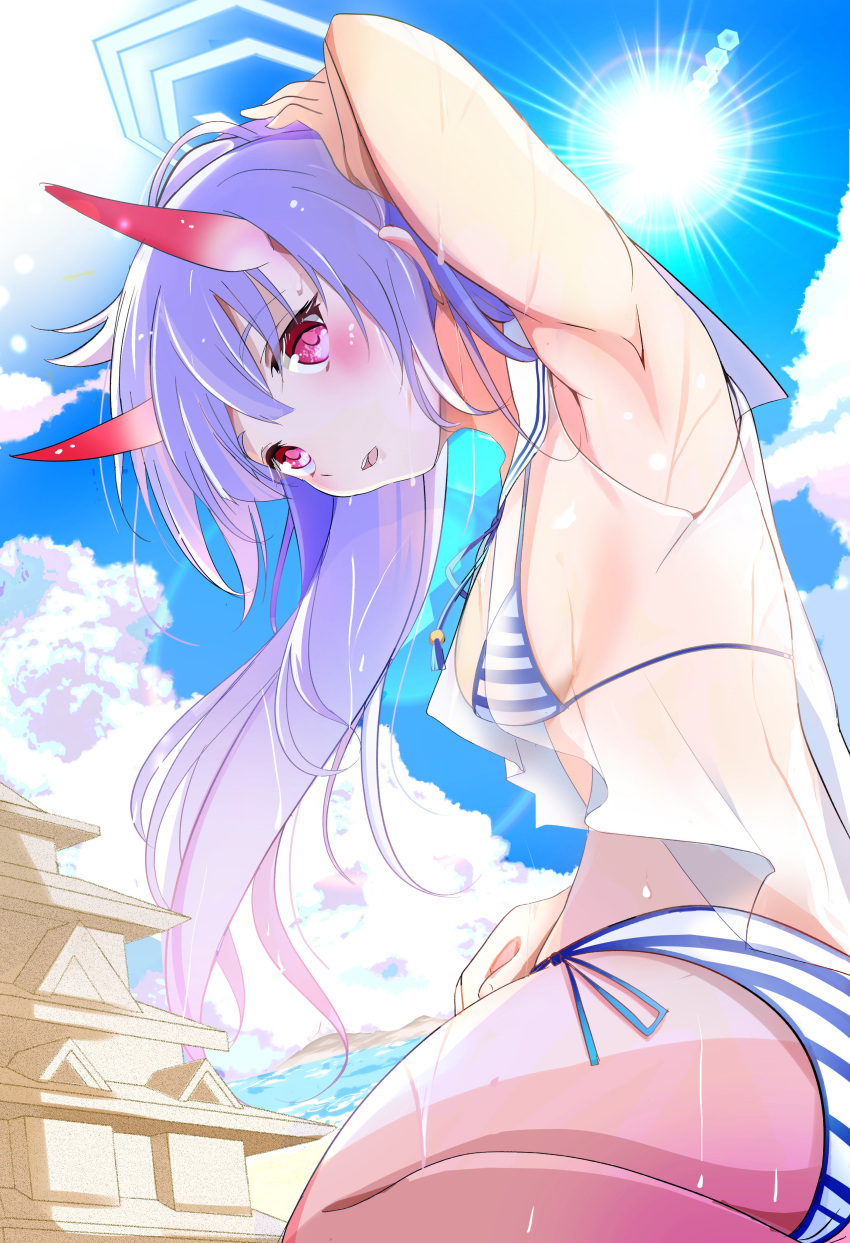 1girl absurdres arm_up armpits ass beach bikini blue_archive blue_hair blush breasts chise_(blue_archive) chise_(swimsuit)_(blue_archive) cloud from_behind hand_on_own_head highres horns kujira_jio long_hair looking_back oni oni_horns open_mouth outdoors ponytail red_eyes red_horns sand_castle sand_sculpture see-through shirt side-tie_bikini sitting sky sleeveless sleeveless_shirt small_breasts solo striped striped_bikini sun sweat swimsuit thighs