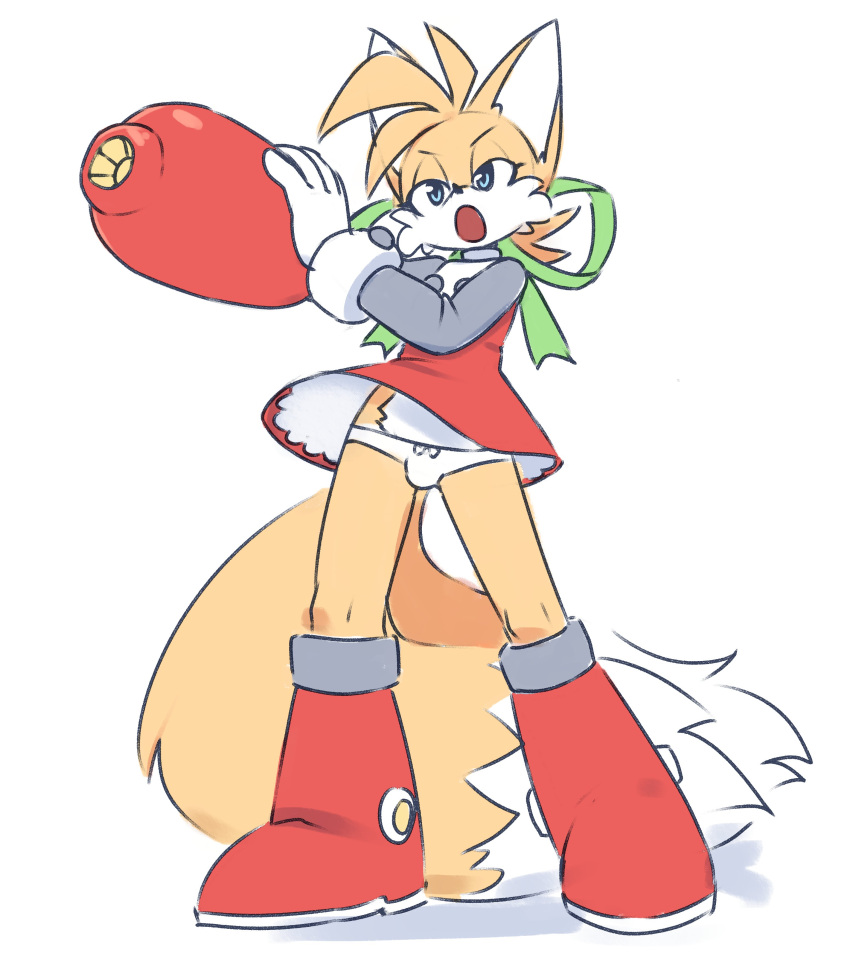 2_tails absurd_res accessory anthro boots bow_ribbon canid canine capcom clothing cosplay footwear fox girly hair_accessory hair_bow hair_ribbon hi_res male mammal mega_buster megaman_(classic) megaman_(series) miles_prower multi_tail panties panty_shot ribbons roll_(mega_man) sega solo sonic_the_hedgehog_(series) sparkydb underwear video_games