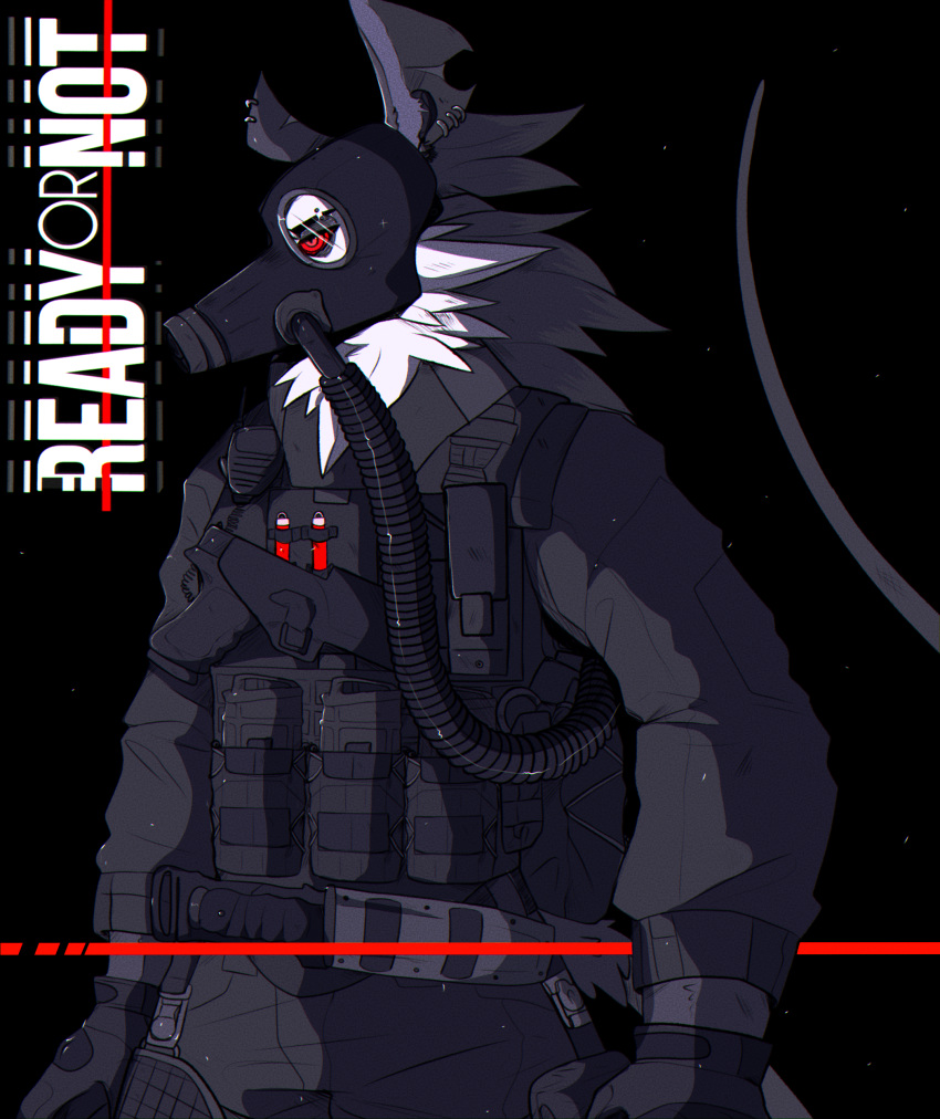 absurd_res anthro black_background brown_body bulletproof_vest didelphid ear_piercing earpiece fuzzy_opossum gas_mask gun handgun hi_res honeybunnie knife magazine_(gun) male mammal marsupial mask phalangeriform piercing pistol radio ranged_weapon ready_or_not red_eyes simple_background solo tactical_gloves weapon