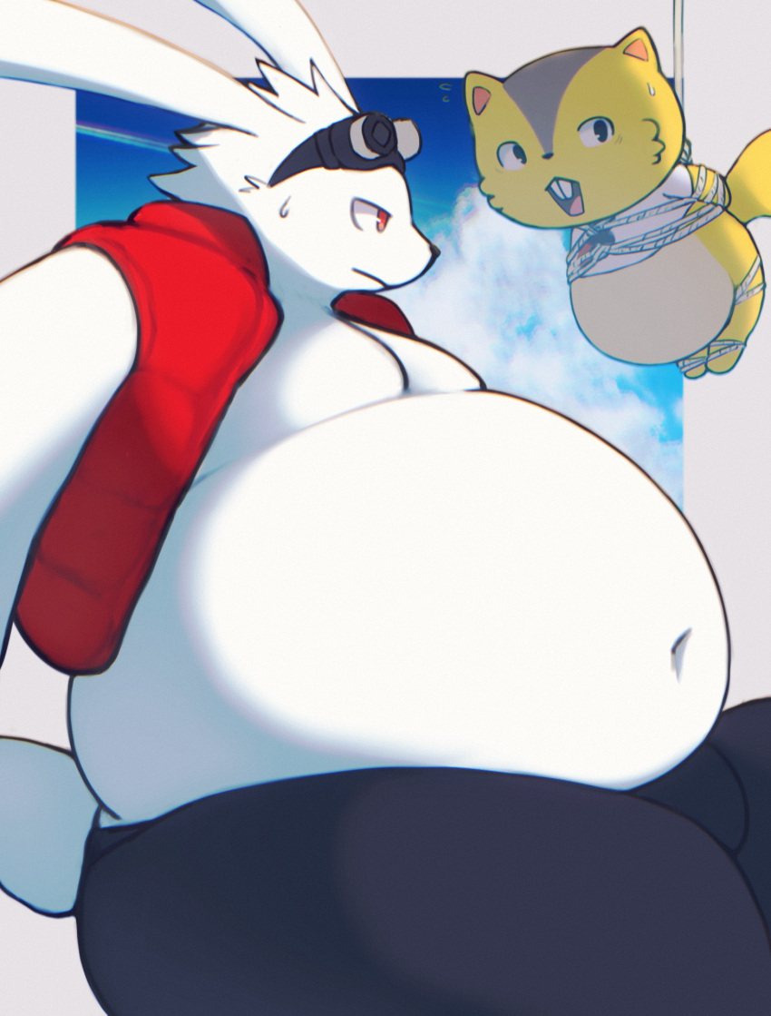 anthro belly big_belly bodily_fluids clothed clothing duo fur hi_res king_kazma lagomorph leporid long_ears male mammal overweight overweight_anthro overweight_male polly_possum rabbit red_eyes rodent sciurid summer_wars sweat sweatdrop taka_fin9623 white_body white_fur