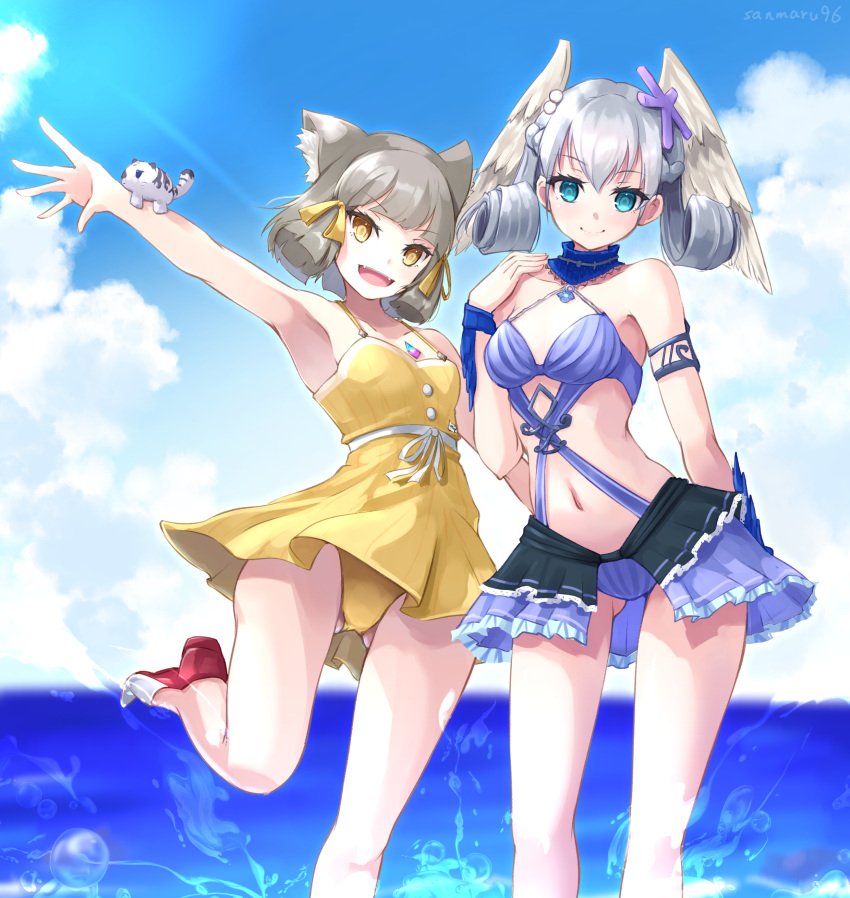 2girls absurdres animal_ears bangs blunt_bangs breasts cat_ears chest_jewel dress_swimsuit grey_hair head_wings highres kuro_(be_ok) melia_antiqua multiple_girls nia_(fancy_sundress)_(xenoblade) nia_(xenoblade) o-ring ribbed_swimsuit short_hair small_breasts swimsuit wings xenoblade_chronicles_(series) xenoblade_chronicles_2 yellow_eyes yellow_swimsuit