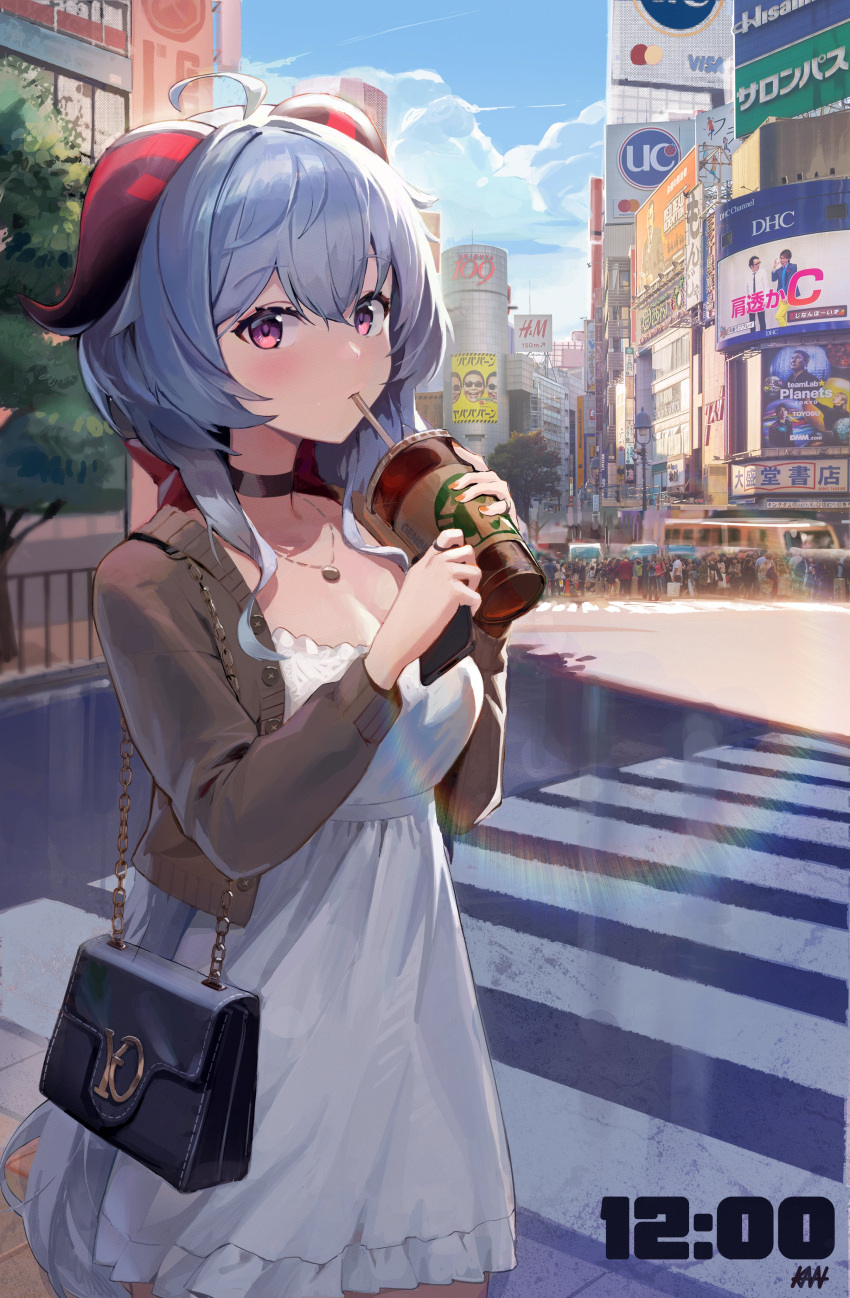 1girl absurdres ahoge alternate_costume bag bangs black_choker blue_hair blue_sky blush breasts buttons car casual cellphone choker city cleavage cowboy_shot crosswalk cup day disposable_cup dress drinking ganyu_(genshin_impact) genshin_impact ground_vehicle handbag highres holding holding_cup holding_phone horns jacket jewelry kawa683 large_breasts long_hair long_sleeves motor_vehicle necklace open_clothes open_jacket orange_nails outdoors phone purple_eyes real_world_location revision ring road shibuya_(tokyo) shoulder_bag sky smartphone street tokyo_(city) unbuttoned white_dress