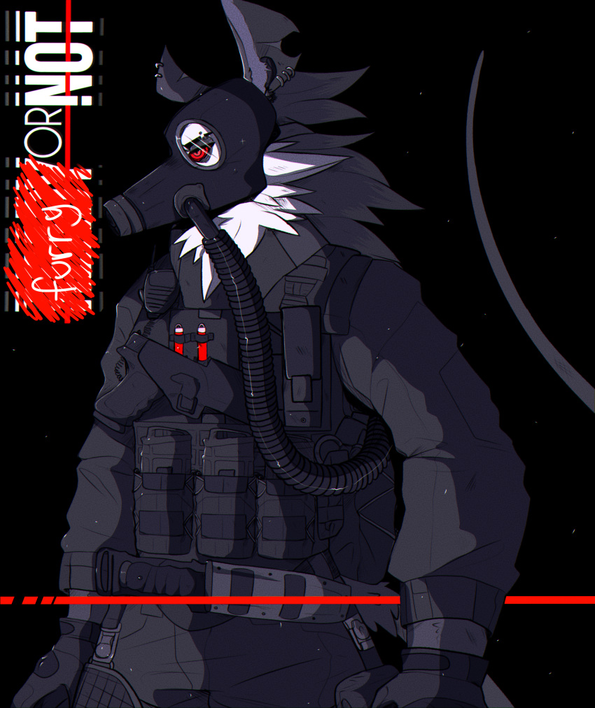 absurd_res anthro black_background brown_body bulletproof_vest didelphid ear_piercing earpiece fuzzy_opossum gas_mask gun handgun hi_res honeybunnie knife magazine_(gun) male mammal marsupial mask phalangeriform piercing pistol radio ranged_weapon ready_or_not red_eyes simple_background solo tactical_gloves weapon