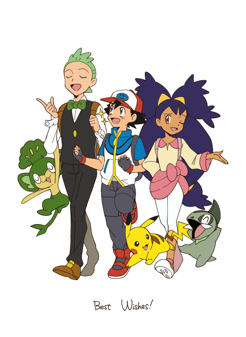 1girl 2boys :d ash_ketchum axew bangs baseball_cap black_hair black_pants black_vest bow bowtie brown_footwear cilan_(pokemon) closed_eyes dark-skinned_female dark_skin fingerless_gloves gloves green_bow green_bowtie green_hair hands_up hat highres hungry_seishin iris_(pokemon) jacket long_hair long_sleeves low-tied_long_hair multiple_boys open_mouth pansage pants pikachu pink_footwear pokemon pokemon_(anime) pokemon_(creature) pokemon_bw_(anime) red_footwear shirt shoes short_hair smile tongue vest white_background white_pants white_shirt