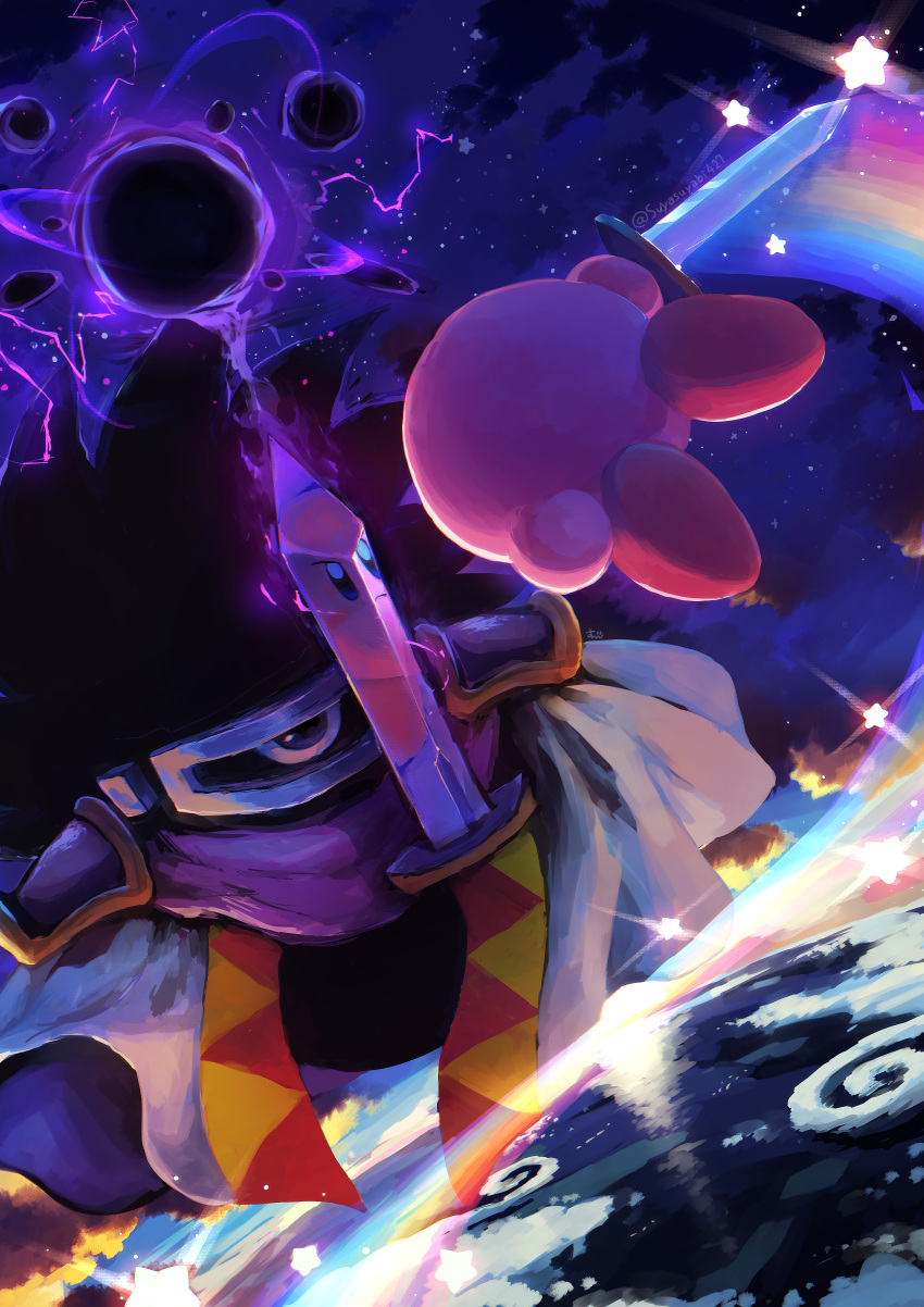 absurdres armor battle blue_eyes cape commentary copy_ability dark_matter_blade darkness earth_(planet) highres holding holding_sword holding_weapon kirby kirby's_dream_land_2 kirby_(series) looking_at_another no_humans one-eyed planet purple_eyes purple_scarf rainbow reflection scarf shoulder_armor sky star_(sky) star_(symbol) starry_sky suyasuyabi sword twitter_username weapon white_cape