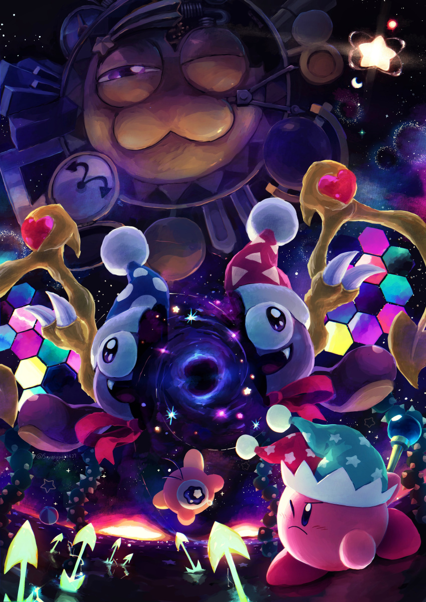 :d ;( absurdres arrow_(projectile) battle black_hole blue_eyes blush clock commentary copy_ability fangs galactic_nova hat highres holding holding_staff jester_cap kirby kirby_(series) kirby_super_star_ultra machinery marx_(kirby) monster no_humans open_mouth planet plant pop_star purple_eyes sky smile staff star_(sky) starry_sky suyasuyabi thorns tongue twitter_username vines waddle_doo wavy_eyes wings