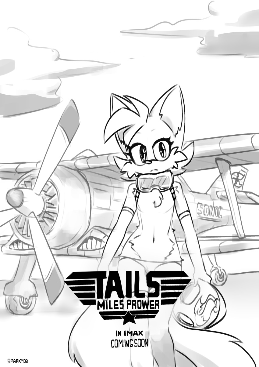 absurd_res anthro armor armwear biplane canid canine clothing elbow_gloves english_text eyewear footwear fox girly gloves goggles handwear headgear helmet hi_res holding_object legwear looking_at_viewer male mammal miles_prower monochrome movie_poster panties poster sega socks solo sonic_the_hedgehog_(series) sparkydb text thigh_highs thigh_socks top_gun underwear