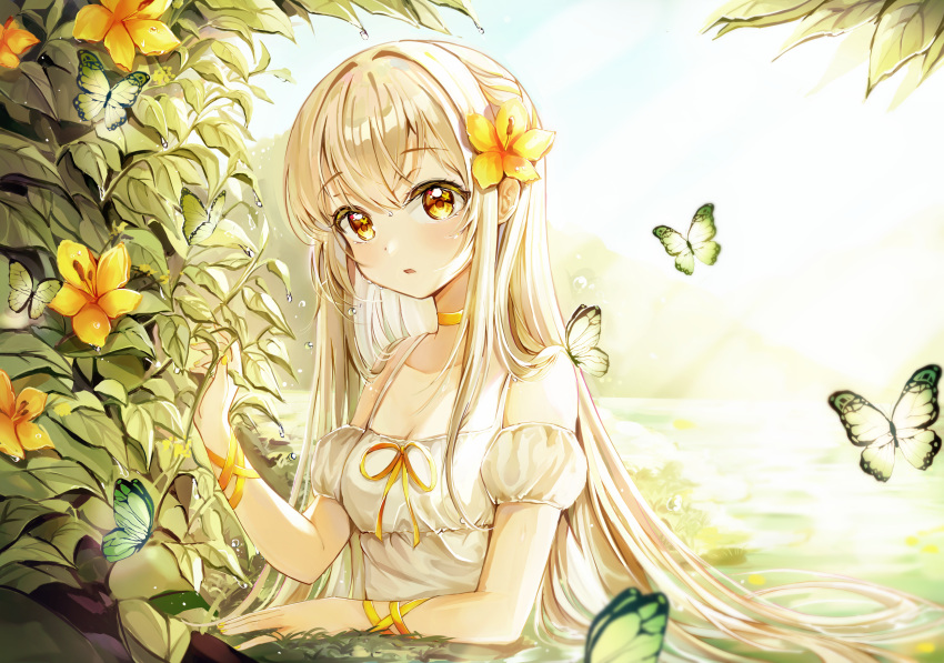 1girl :o arm_ribbon backlighting bangs bare_shoulders blonde_hair blurry blush breasts bug butterfly choker collarbone day depth_of_field detached_sleeves dress eyelashes flower grass green_butterfly hair_between_eyes hair_flower hair_ornament hand_up highres leaf long_hair looking_at_viewer on_ground open_mouth original outdoors parted_lips plant ribbon short_sleeves sidelocks sleeveless sleeveless_dress small_breasts solo ssum_(ehf_dustk) sundress sunlight upper_body very_long_hair water_drop wet white_dress yellow_choker yellow_eyes yellow_flower yellow_ribbon