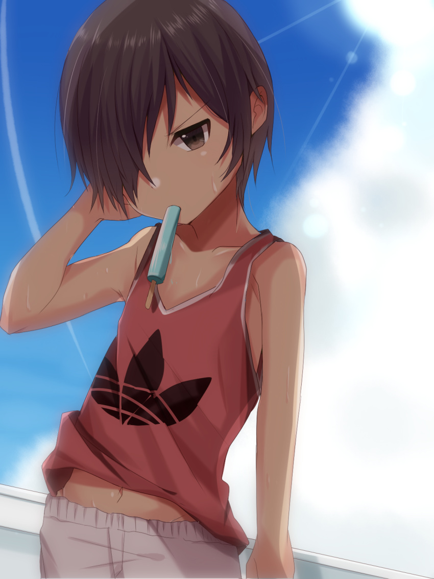 1boy brown_eyes brown_hair child commentary_request dark-skinned_male dark_skin day food hair_between_eyes hand_in_own_hair highres ikezawa_kazuma leaf_print male_child male_focus meranoreuka_(naokentak) midriff_peek navel outdoors popsicle red_shirt shirt summer_wars