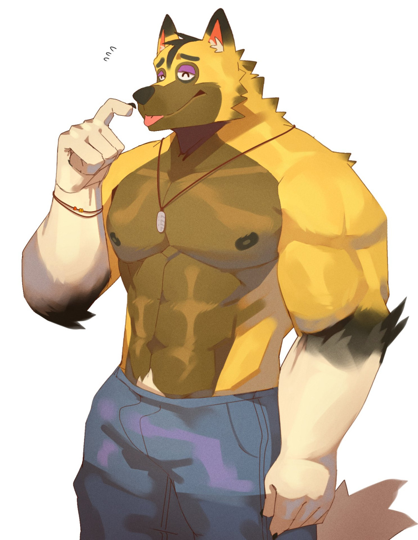 2022 abs animal_crossing anthro biceps big_muscles blep bottomwear bracelet canid canine canis cilok claws clothed clothing dog_tags eyebrows eyes_closed fur hi_res jewelry kyle_(animal_crossing) male mammal muscular muscular_anthro muscular_male navel nintendo nipples pants pecs pubes simple_background smile solo standing tongue tongue_out topless topless_anthro topless_male tuft video_games white_background wolf