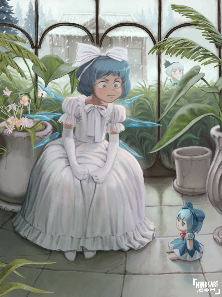 2girls angry blue_eyes blue_hair cirno dress flower flower_pot frilled_dress frills fumo_(doll) gloves greenhouse highres hindsart konpaku_youmu multiple_girls plant ribbon snow snowing touhou tree white_dress white_footwear white_gloves white_ribbon window winter