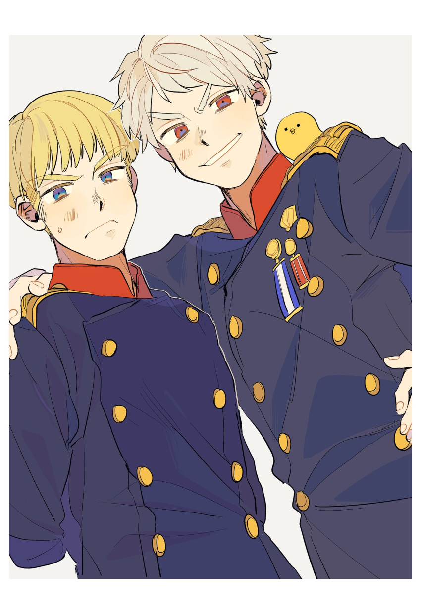 2boys animal_on_shoulder axis_powers_hetalia bird blonde_hair blue_eyes brothers buttons chick epaulettes germany_(hetalia) gilbird grin hand_on_another's_shoulder highres looking_at_viewer medal military military_uniform multiple_boys ninonuko prussia_(hetalia) red_eyes siblings smile teenage uniform white_hair younger