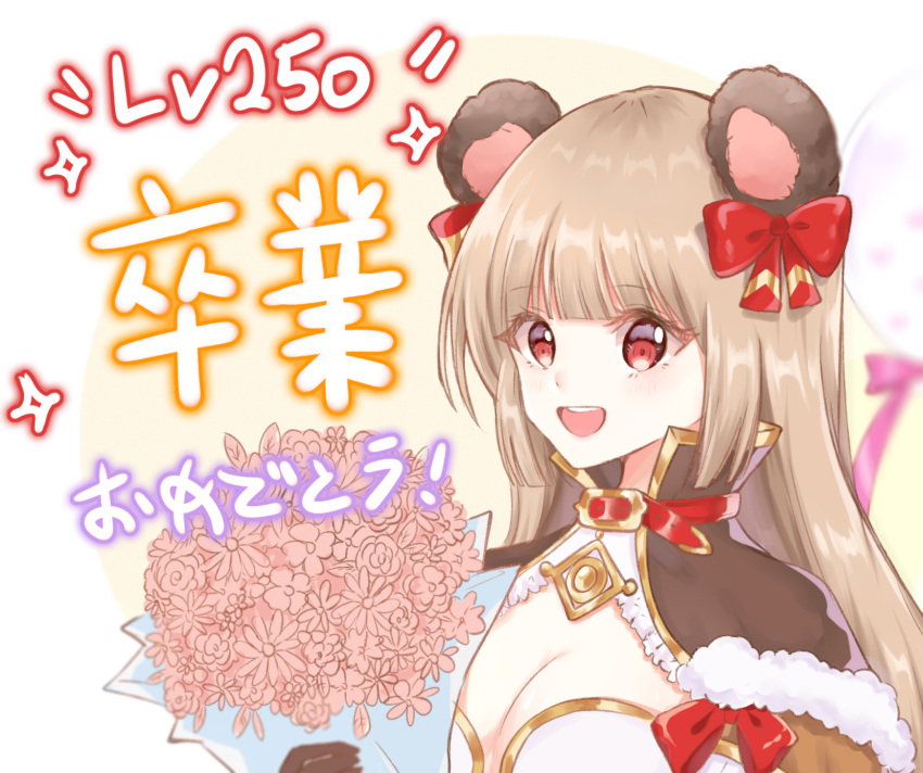 1girl :d animal_ears bangs bear_ears bouquet bow breasts brown_background brown_hair cleavage flower hair_bow high_priest_(ragnarok_online) highres holding holding_bouquet light_(luxiao_deng) long_hair looking_at_viewer medium_breasts pink_flower ragnarok_online red_bow red_eyes smile solo teeth translation_request two-tone_background upper_body upper_teeth white_background