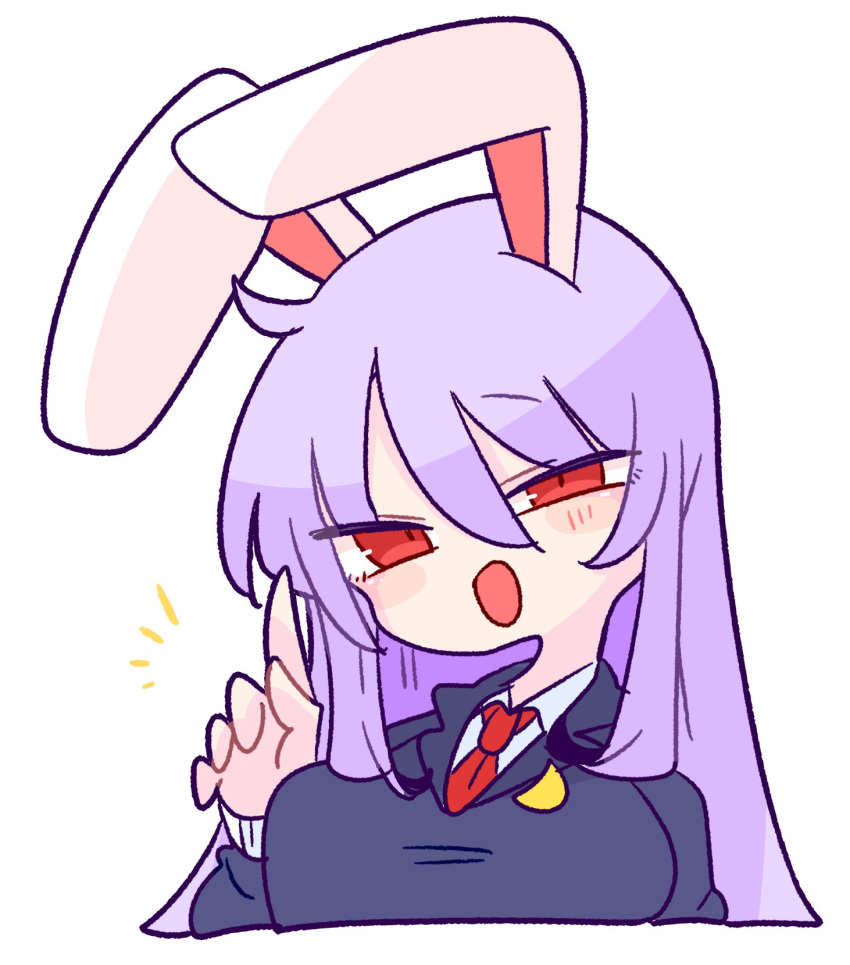 1girl animal_ears black_jacket blazer blouse collared_shirt crescent crescent_pin half-closed_eyes highres jacket light_purple_hair long_hair necktie op_na_yarou open_mouth pointing pointing_up purple_hair rabbit_ears rabbit_girl rabbit_tail red_eyes red_necktie reisen_udongein_inaba shirt solo tail touhou very_long_hair white_background white_shirt