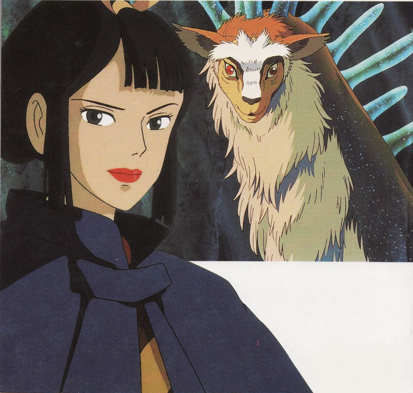 black_hair brown_body brown_fur duo eboshi female fur ghibli hair hi_res human lipstick makeup mammal official_art princess_mononoke red_eyes shishigami spirit unknown_artist white_body white_fur