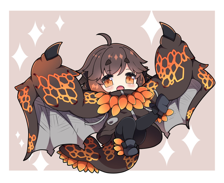 1girl :d ahoge bangs bazelgeuse black_footwear blush brown_background brown_hair brown_jacket chibi commentary_request dragon_girl dragon_horns dragon_tail full_body grey_wings hair_between_eyes highres horns jacket milkpanda monster_hunter_(series) orange_eyes pantyhose personification shoe_soles shoes short_eyebrows smile solo sparkle tail thick_eyebrows two-tone_background white_background wings