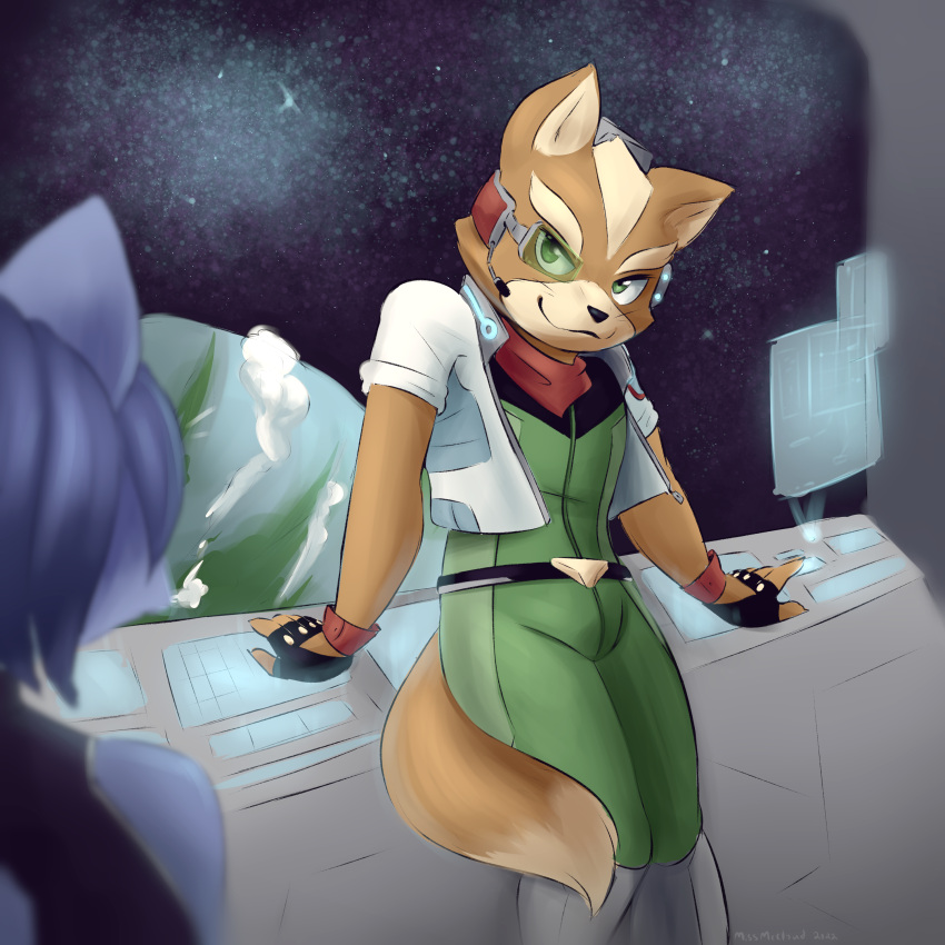 absurd_res anthro belt blue_body blue_hair brown_body brown_fur canid canine clothed clothing digital_media_(artwork) duo female fingerless_gloves fox fox_mccloud fur gloves green_eyes hair handwear headgear headphones headset hi_res jacket krystal male male/female mammal missmccloud nintendo planet scarf science_fiction smile solo_focus space star_fox topwear video_games