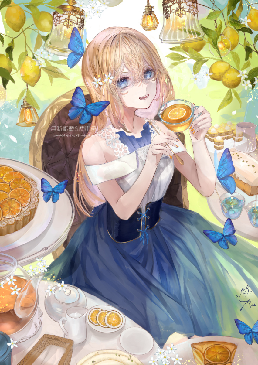 1girl :d absurdres blonde_hair blue_butterfly blue_eyes blue_skirt bug butterfly cake cake_slice chair commentary corset creamer_(vessel) cup english_commentary feet_out_of_frame flower food fruit fruit_on_liquid gelatin glass_teacup glass_teapot hair_between_eyes hair_flower hair_ornament highres holding holding_cup holding_spoon lantern lemon lemon_blossoms lemon_slice long_hair looking_at_viewer off-shoulder_shirt off_shoulder orange_nails original pound_cake seisaiminty shirt sitting skirt smile solo spoon sugar_bowl table tart_(food) tea tea_party teacup teapot teeth white_flower white_shirt