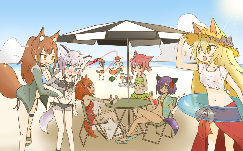 +++ 1boy 6+girls :t absurdres angelina_(arknights) angelina_(summer_flowers)_(arknights) animal_ears anklet arknights beach beach_umbrella bikini black_bikini black_bow blonde_hair blue_bikini blue_choker blue_eyes blue_sky blush bow braid breasts breeze_(arknights) brown_hair brown_headwear brown_shorts casual_one-piece_swimsuit chair chiave_(arknights) choker cleavage cloud collarbone cropped_shirt crossed_legs cutter_(arknights) drink dur-nar_(arknights) ears_through_headwear eating extra_ears fang flat_chest flower flying_sweatdrops food fox_ears fox_girl fox_tail franka_(arknights) frilled_bikini frills fruit green_bikini green_eyes green_jacket green_shorts grey_hair hair_between_eyes hair_bobbles hair_flower hair_ornament hair_ribbon hand_on_headwear hands_up hat hat_bow highres holding holding_sword holding_tray holding_weapon infection_monitor_(arknights) innertube jacket jewelry large_breasts long_hair male_swimwear moon_sugar multiple_girls myrrh_(arknights) navel necklace one-piece_swimsuit open_clothes open_jacket open_mouth orange_hair oripathy_lesion_(arknights) outdoors ponytail purple_hair red_bikini red_hair red_ribbon red_swimsuit ribbon semi-rimless_eyewear shirt short_hair shorts sitting sky sparkling_eyes standing stomach straw_hat sunglasses sunlight sussurro_(arknights) sussurro_(summer_flowers)_(arknights) swimsuit sword table tail thigh_strap tied_shirt topknot topless_male tray twintails two-tone_bikini umbrella under-rim_eyewear water watermelon weapon yellow_background yellow_eyes