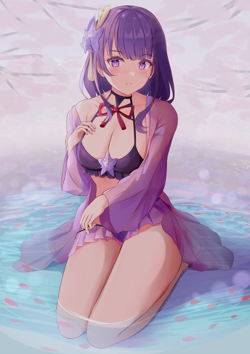 1girl absurdres bangs bare_shoulders bikini blush bow breast_suppress breasts cleavage frilled_bikini frills genshin_impact hair_ornament highres karu_(karusenpai) large_breasts long_hair long_sleeves looking_at_viewer mole mole_under_eye open_clothes open_shirt petals purple_eyes purple_hair raiden_shogun red_bow see-through seiza shallow_water sidelocks single_bare_shoulder sitting sitting_on_water solo swimsuit thighs water
