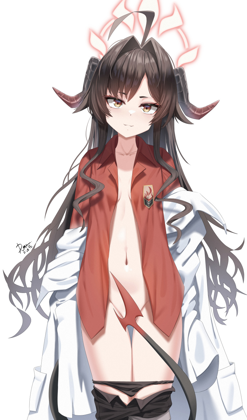 1girl :3 absurdres ahoge black_hair black_panties black_shorts blue_archive brown_eyes closed_mouth clothes_pull collared_shirt di_le_to hair_intakes halo highres horns jacket kasumi_(blue_archive) long_hair looking_at_viewer navel no_bra off_shoulder open_clothes open_jacket open_shirt panties panty_pull red_shirt shirt shorts shorts_pull simple_background smile solo standing tail tail_censor thigh_gap thighs underwear very_long_hair white_background white_jacket