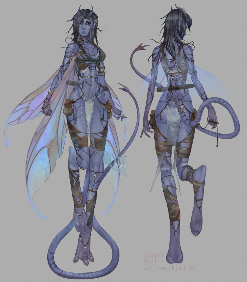 3_toes alien alien_humanoid blue_body blue_skin bottomwear breasts clothed clothing digitigrade fairy feet female fox_xd gem hair hi_res horn humanoid humanoid_pointy_ears insect_wings kiguri loincloth long_legs long_tail looking_at_viewer not_furry pearl_(gem) presenting slender_body solo strings toes torn_clothing translucent translucent_clothing wings zalenya_(foxxd)