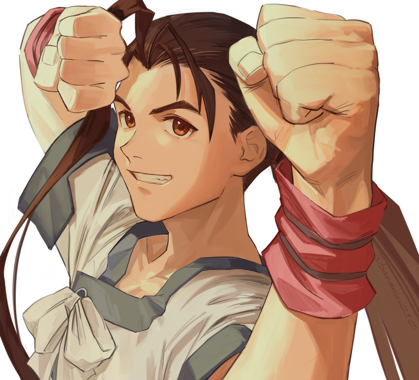 1boy a_(user_vtsy8742) black_hair clenched_hand closed_mouth fei_fong_wong fighting_stance grin highres long_hair male_focus ponytail simple_background single_hair_intake smile solo twitter_username upper_body white_background xenogears