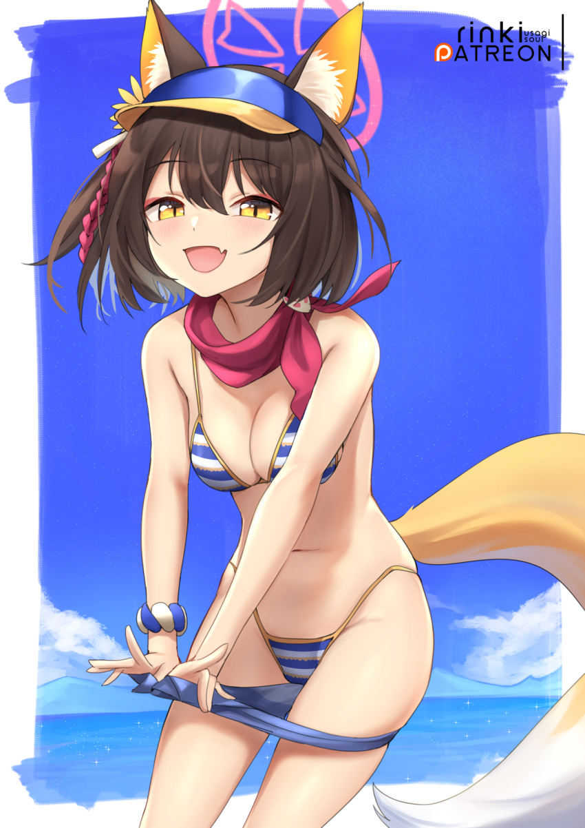 1girl :d animal_ear_fluff animal_ears bare_arms bare_shoulders bikini blue_archive blue_bikini blue_shorts breasts brown_hair cleavage clothes_pull cowboy_shot denim denim_shorts eyeshadow fang fox_ears fox_girl fox_tail halo highleg highleg_bikini highres izuna_(blue_archive) izuna_(swimsuit)_(blue_archive) lo_xueming looking_at_viewer makeup medium_breasts micro_shorts navel official_alternate_costume open_mouth pulled_by_self scarf short_hair shorts shorts_pull skindentation slit_pupils smile solo stomach string_bikini striped striped_bikini swimsuit tail thighs visor_cap yellow_eyes