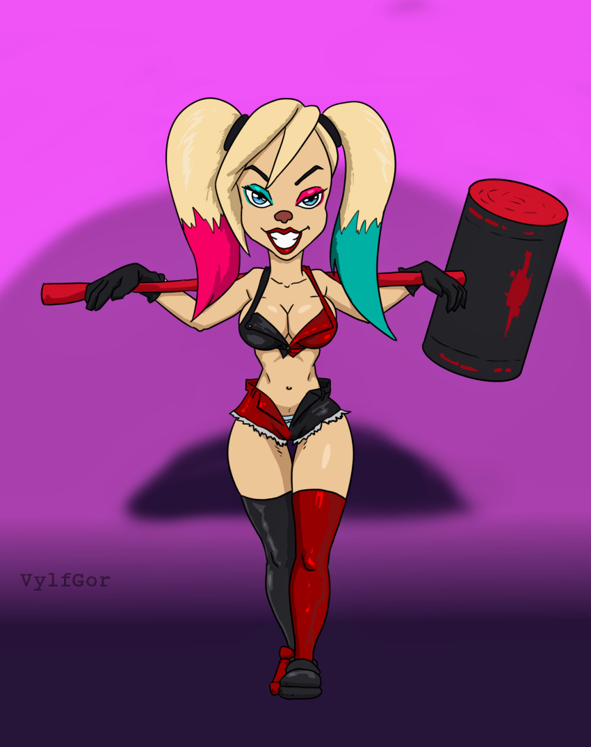 2022 anthro barboskiny batman_(series) big_breasts blonde_hair blue_eyes boots breasts canid canine canis clothed clothing crossover dc_comics digital_media_(artwork) domestic_dog eyeshadow female footwear gradient_background hair hammer harley_quinn hi_res les_pooche lips looking_at_viewer makeup mammal melnitsa multicolored_clothing roza_barboskina simple_background smile solo the_pooches tools topless two_tone_clothing vylfgor walking