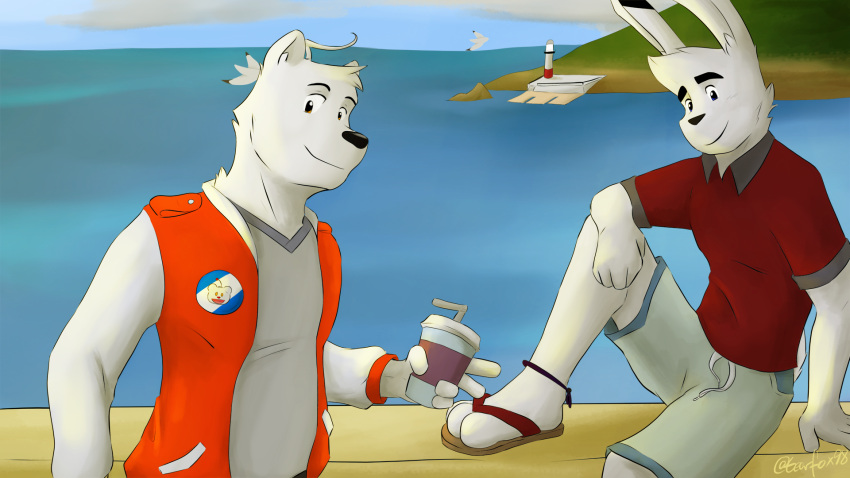 3_toes anthro clothing duo feet footwear francis_(gearfox98) fur gearfox98 hare hi_res lagomorph leporid lighthouse male male/male mammal miles_snowden_(gearfox98) polar_bear sandals sea soft_drink toes ursid ursine water white_body white_fur