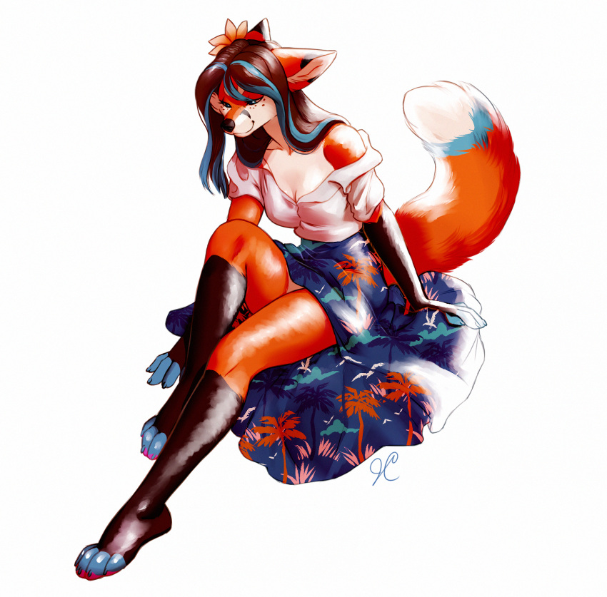 2022 4_toes 5_fingers anthro black_nose breasts brown_hair canid canine clothed clothing digital_media_(artwork) eyebrows eyelashes feet female fingers fox fur hair hi_res mammal orange_body orange_fur smile solo thelupinprincess toes