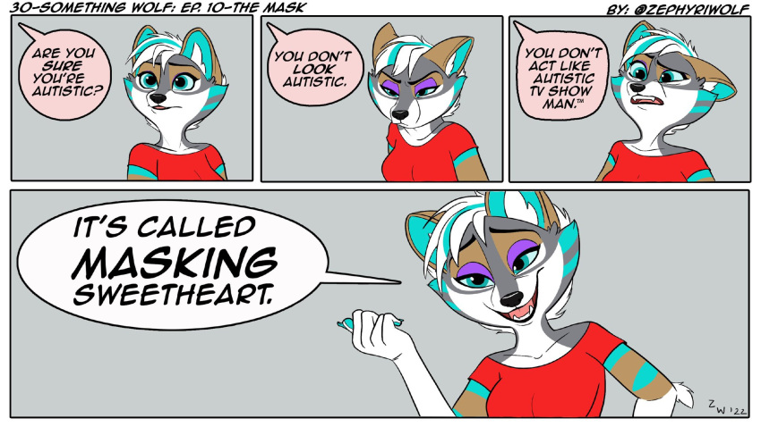 16:9 4_panel_comic anthro autism canid cheek_tuft clothing dialogue dialogue_box ears_back english_text eyelashes facial_tuft fangs female fur green_highlights green_pawpads grey_background hair half-closed_eyes hi_res highlights_(coloring) inner_ear_fluff mammal multicolored_body multicolored_fur narrowed_eyes open_mouth open_smile pawpads paws pivoted_ears shirt simple_background smile solo_focus sparkledog t-shirt text topwear tuft white_hair wide_eyed widescreen zephyriwolf