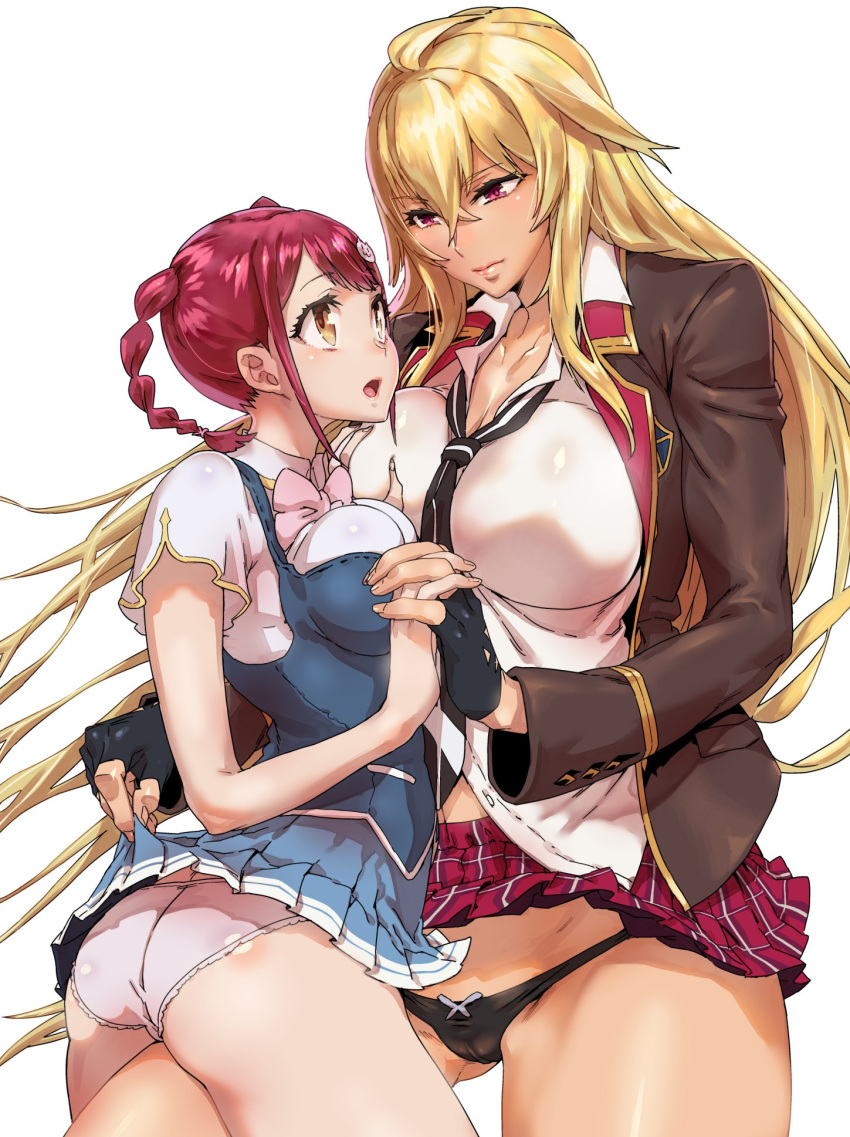 2girls blonde_hair braid breasts cameltoe cat_hair_ornament couple fingerless_gloves girl_on_top gloves gyaru hair_ornament highres holding_hands large_breasts looking_at_another loose_necktie multiple_girls necktie official_art red_hair school_uniform shikishima_mirei short_twintails straddling thigh_straddling thong tokonome_mamori twin_braids twintails valkyrie_drive valkyrie_drive_-mermaid- yuri zunta