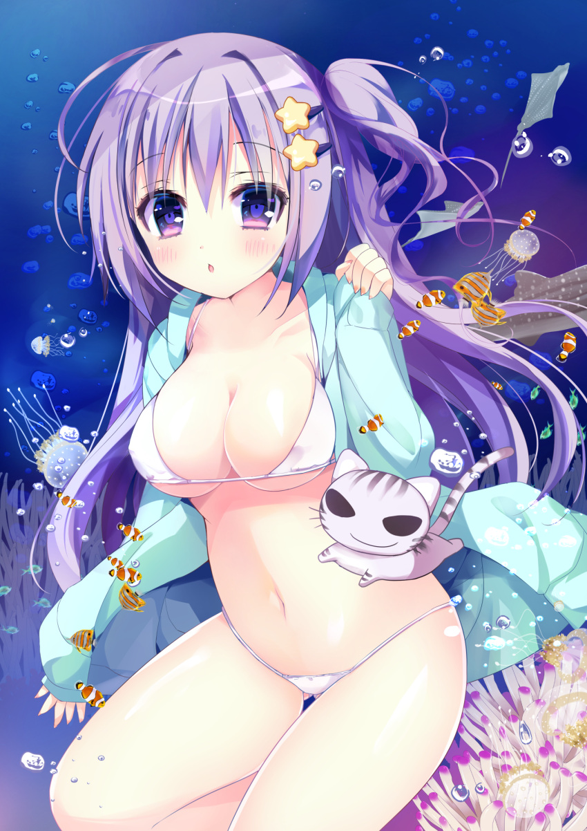 1girl air_bubble animal bangs bikini blue_jacket blush breasts bubble cat cleavage clownfish commentary_request fish hair_between_eyes hair_ornament hairclip highres hood hood_down hooded_jacket jacket jellyfish large_breasts long_hair long_sleeves one_side_up open_clothes open_jacket original outdoors parted_lips pinching_sleeves purple_eyes purple_hair shiwasu_horio sleeves_past_wrists solo star_(symbol) star_hair_ornament swimsuit underwater very_long_hair water white_bikini
