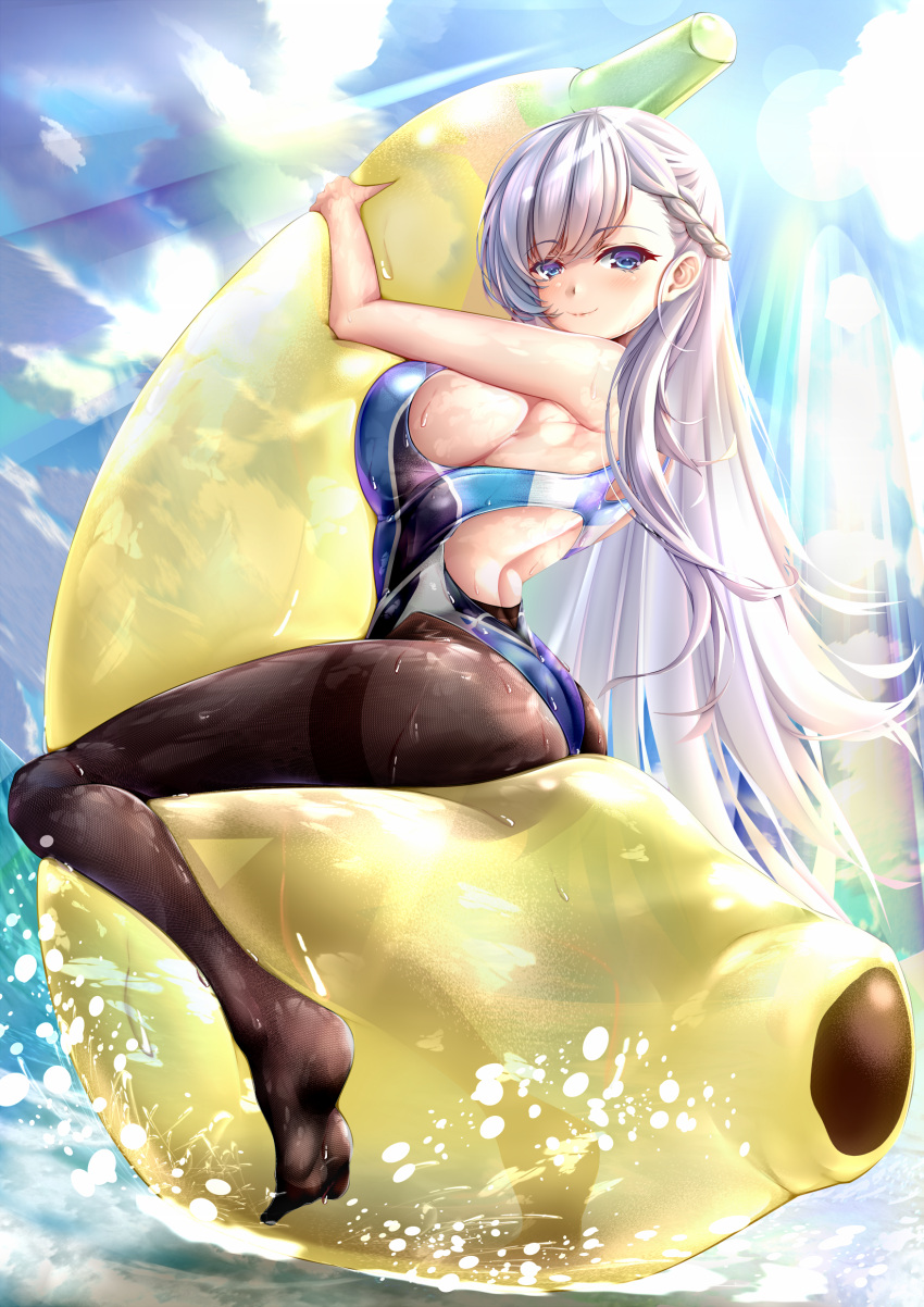 1girl absurdres alternate_costume ass azur_lane backless_swimsuit belfast_(azur_lane) black_pantyhose black_swimsuit blue_eyes braid breast_press breasts competition_swimsuit day french_braid from_behind highleg highleg_swimsuit highres inflatable_toy large_breasts long_hair looking_at_viewer looking_back mahgalo no_shoes ocean one-piece_swimsuit outdoors pantyhose purple_swimsuit solo swimsuit thighband_pantyhose two-tone_swimsuit very_long_hair water wet wet_clothes wet_pantyhose wet_swimsuit white_hair