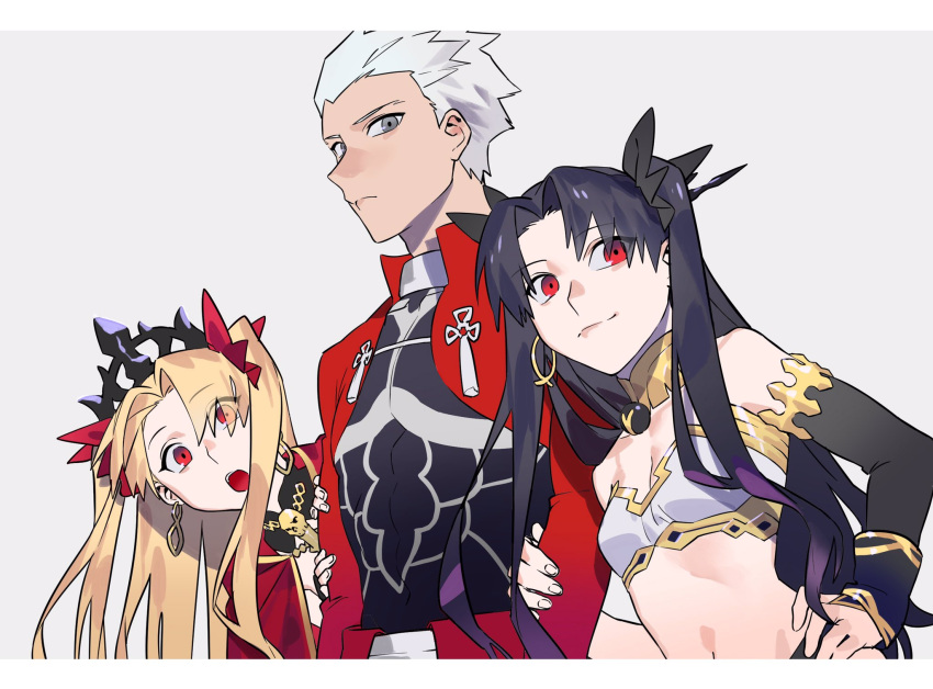 1boy 2girls archer_(fate) arms_at_sides bandeau bangs bare_shoulders black_hair blonde_hair breasts cleavage closed_mouth coat detached_collar detached_sleeves earrings ereshkigal_(fate) fate/grand_order fate_(series) green_eyes grey_background hand_on_hip highres holding_another's_arm ishtar_(fate) jewelry lips long_hair looking_at_viewer multiple_girls navel open_mouth parted_bangs popped_collar red_coat red_eyes serita_jon short_hair simple_background small_breasts smile tiara twintails upper_body very_short_hair white_hair
