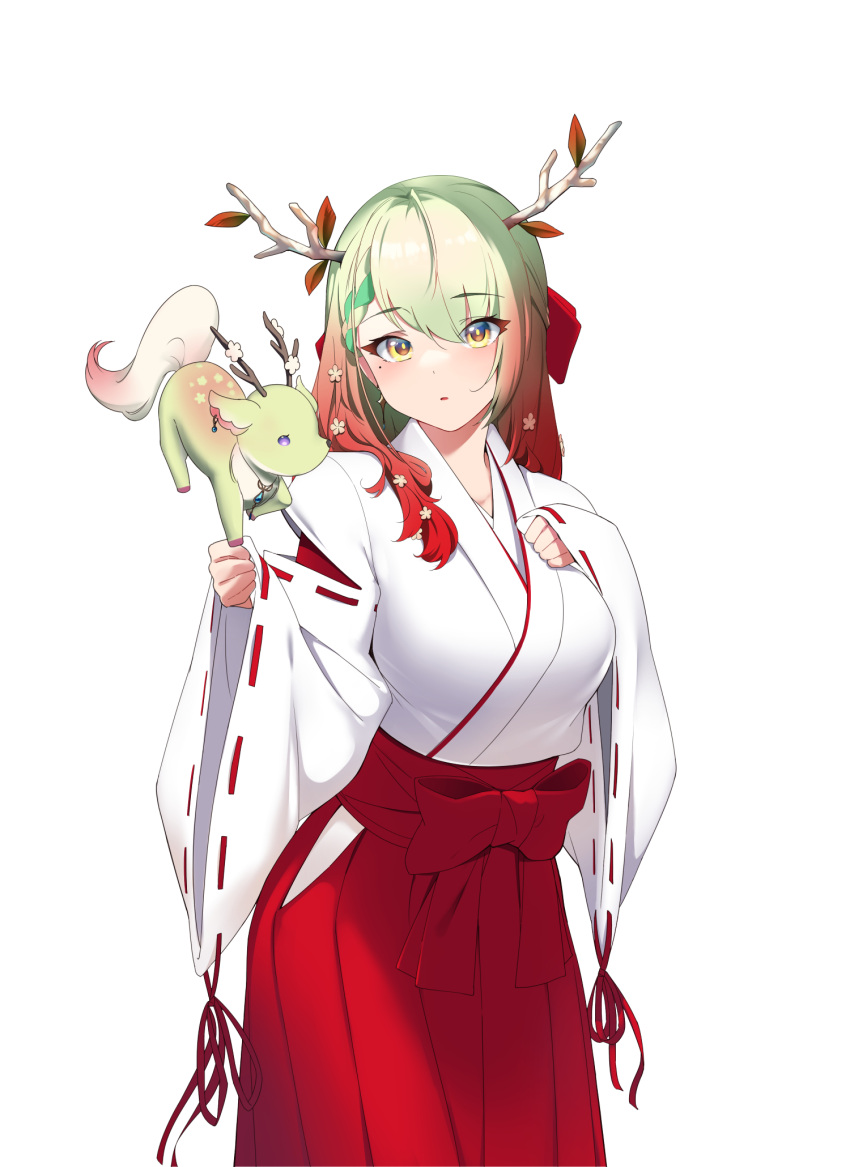 1girl alternate_costume alternate_hair_color antlers blush breasts ceres_fauna cowboy_shot flower gradient_hair green_hair hair_flower hair_ornament hakama hakama_skirt highres hololive hololive_english japanese_clothes medium_breasts miko mofumancy multicolored_hair nemu_(ceres_fauna) parted_lips qilin_(mythology) red_hair red_hakama red_skirt skirt solo surprised virtual_youtuber wide_sleeves yellow_eyes