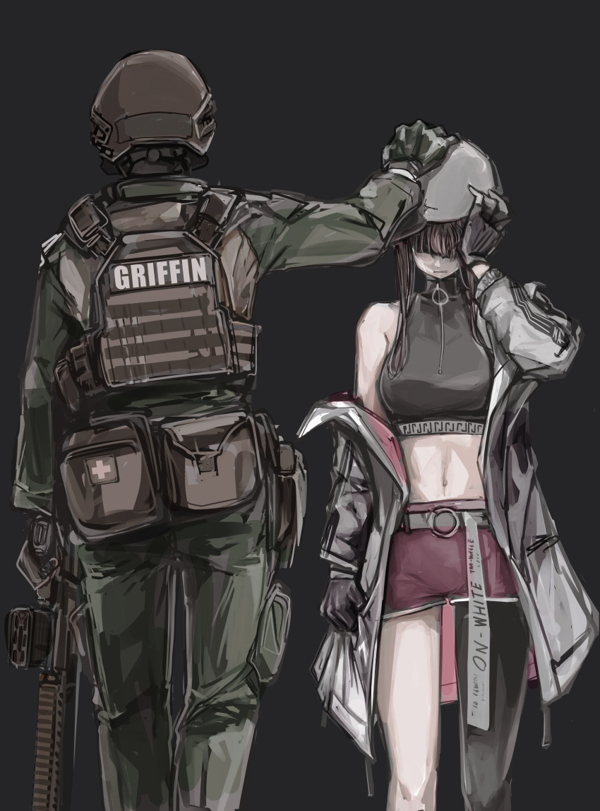 1boy 1girl absurdres ammunition_belt ar-57_(girls'_frontline) bare_shoulders black_background black_gloves black_shirt black_thighhighs body_armor breasts camouflage camouflage_jacket commentary crop_top feet_out_of_frame girls'_frontline gloves gun hand_on_another's_head hand_on_forehead helmet highres holding holding_gun holding_weapon jacket lithographica long_hair long_sleeves looking_down medium_breasts military military_uniform navel open_clothes open_jacket pink_hair pink_shorts shirt shorts single_thighhigh standing thighhighs uniform weapon weapon_request white_headwear white_jacket