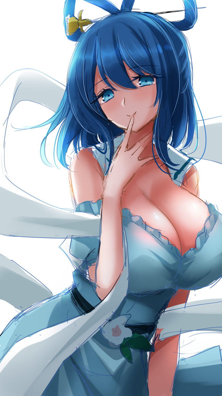 1girl \||/ absurdres adapted_costume blue_dress blue_eyes blue_hair breasts cleavage dress finger_to_mouth hair_ornament hair_rings hair_stick highres hisin huge_breasts kaku_seiga off-shoulder_dress off_shoulder shawl simple_background solo touhou vest white_background white_vest