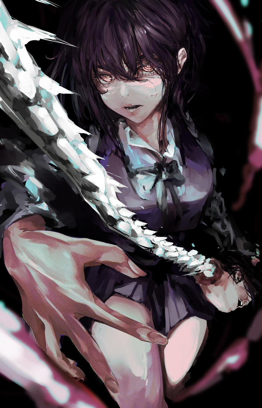 1girl absurdres bangs black_background black_bow black_bowtie black_dress black_hair bow bowtie brown_eyes chainsaw_man collared_shirt commentary dress feet_out_of_frame foreshortening gaku highres looking_at_viewer medium_hair mitaka_asa open_mouth outstretched_arm pinafore_dress ringed_eyes scar scar_on_cheek scar_on_face school_uniform serious severed_head shirt solo spine war_devil_(chainsaw_man) white_shirt