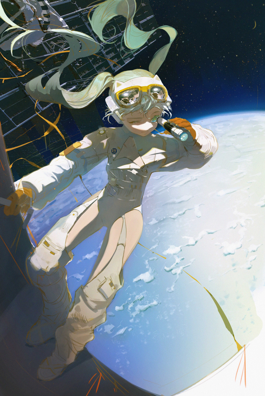 1girl 39 absurdres aqua_eyes astronaut bangs blue_eyes boots cloud commentary crescent_moon crotchless crotchless_pants earth_(planet) floating_hair from_above full_body gloves goggles goggles_on_head green_hair hand_up hatsune_miku highres holding_telescope in_orbit leotard long_hair long_sleeves looking_away looking_to_the_side moon mr._owlish multicolored_eyes one_eye_closed orange_gloves orange_ribbon outstretched_arm pants planet ribbon science_fiction solo space spacecraft spacesuit standing star_(sky) symbol-only_commentary telescope twintails vocaloid white_leotard